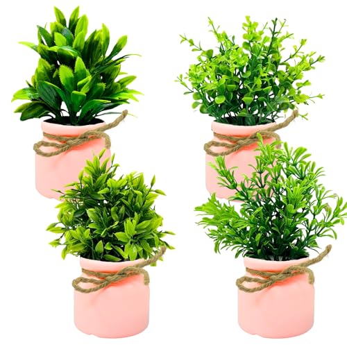 Image of Dekorly Plastic 4pcs Artificial Pot Flowers Small Fake Plants with Pot Mini Potted Plants for House Office Tabletop Decoration (Pink)