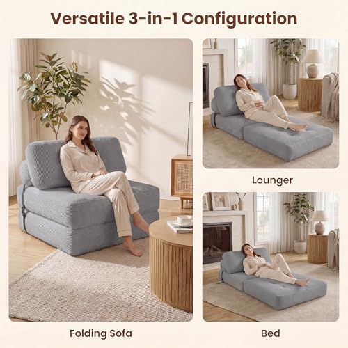 Image of COSTWAY Folding Sofa Bed with Pillow, Convertible Couch (Grey) | with Backrest & Fixing Straps, Boneless Convertible Sleeper Chair for Adults, Guest Use, Living Room