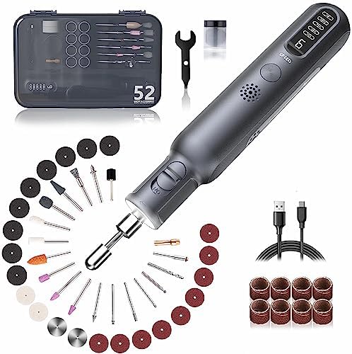 Mini Cordless Rotary Tool kit,Automatic shaft locking,8V 80W 30000RPM Rechargeable Rotary Tool with 360° Working Lights, 6 Speeds, Led display and 52 Pieces Rotary Tool Accessories, DIY Crafts