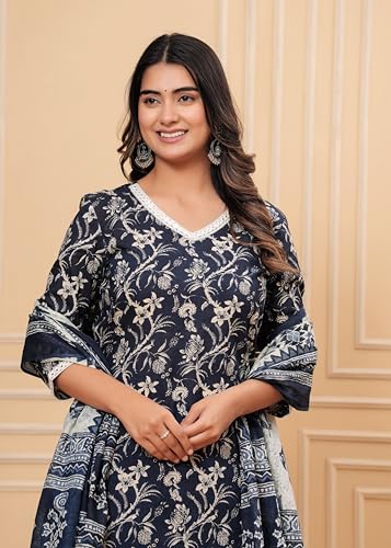 Image of MEERA FAB Womens Cotton Printed Straight Kurta Set V-Neck with Palazzo & Dupatta Set