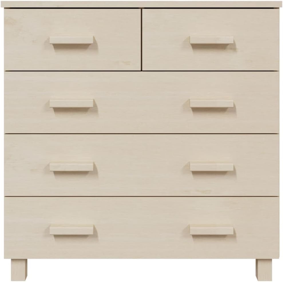 Honey Brown Solid Pine Wood and MDF Sideboard with 5 Drawers and Sliding Doors, Modern Storage Cabinet for Living Room Dining Area, Durable Furniture Organizer