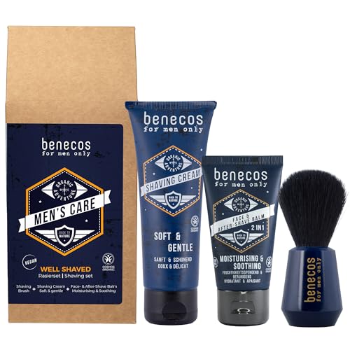 Benecos For Men Only Set Well Shaved, Vegan Shaving Kit with Brush, Shaving Cream and After Shave Balm, COSMOS Organic