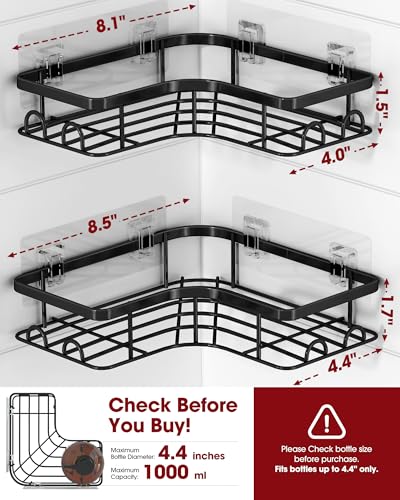 Corner Shower Caddy - 2 Pack, Adhesive Shower Organizers, Rustproof Stainless Steel Shower Shelves with 8 Hooks, No Drilling Bathroom Organizers and Storage Racks, Space-Saving, Black,Medium - Image 4