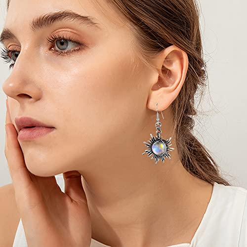 Vintage Boho Opal Sun and Moon Drop Dangle Earrings Moonstone Natural Stone Hook Bohemian for Women Asymmetrical Antiqued Silver Celestial Jewelry3