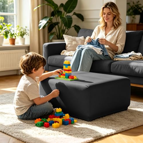 Image of YISUN Super Stretch Square Ottoman Cover - Soft Form Fit Ottoman Slipcover for Foot Stool & Folding Storage, Washable Furniture Protector with Non-Slip Elastic Bottom (M, Black)