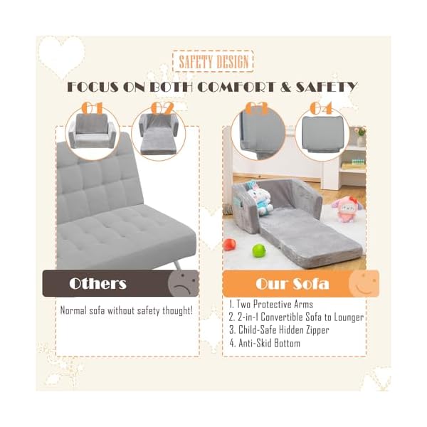   Baby-Toddler-Couch-Sofa-Chair-Kids-Foldable-2-in-1-Toddler-Fold-Out-Couch-Bed-for-Playroom-Pull-Out-Children-Convertible-Sofa-Chair-to-Lounger-Sleeper-for-Boys-Girls-with-Double-Pockets-Dark-Grey