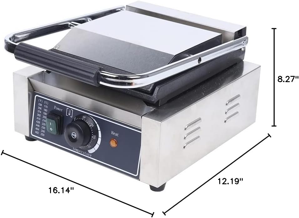 Commercial Single Panini Press, w/Temperature Adjustable & Non-stick Surface Electric Sandwich Panini Maker, Sandwich Steak Machine Full Slot Plate for Hamburgers, Steaks, Bacon(Silver,110V 1800W)