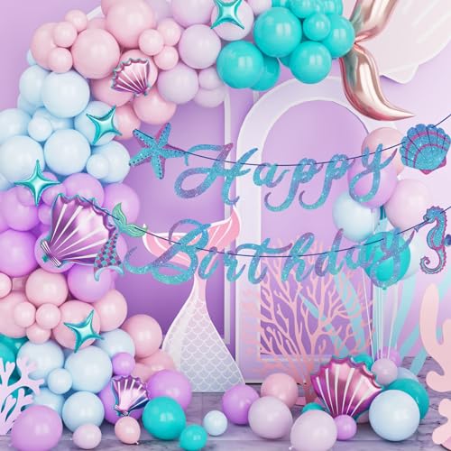 Image of Mermaid Happy Birthday Banner, Sparkle Mermaid Banner Garland Sign for Girls Kids Kids Under The Sea Themed Party Supplies Baby Shower 1st 2nd 3rd Birthday Decorations
