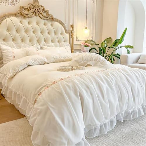 MOOWOO Chic Ruffle Lace Queen Duvet Cover Set-Princess Girl Bedding-3 Piece Comforter Duvet Cover with Zipper Closure,Coquette Room Decor-White,Queen Size