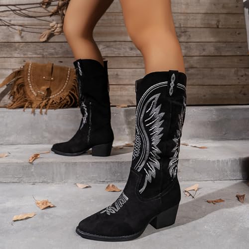 Image of Women's Western Cowboy Boots - Embroidered Ankle Booties with Chunky Block Heel, Side Zipper Suede Cowgirl Boots for Country Concert