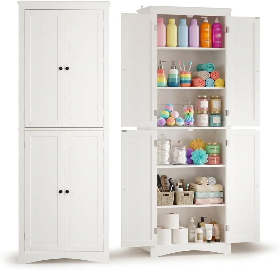 Gizoon Tall Bathroom Storage Cabinet with Adjustable Shelves, 67" H Freestanding Storage Unit with 4 Magnetic Doors, Kitchen Pantry Cabinet for Dining Room, Living Room, White