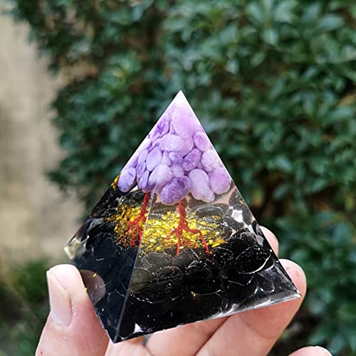 ZTBH Crystal Pyramid 6cm Orgone Pyramid Amethyst and Obsidian Tree of Life Healing Meditation Energy Pyramid Healing Crystals