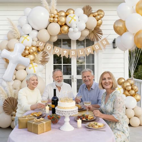 Baptism Decorations First Communion Balloons Kit, 158 Pcs White Sand White and Gold Balloons with Cross Balloon for First Holy Communion God Bless Christening Birthday Party Supplies by LSYBBDECOO - Used condition - Image 7
