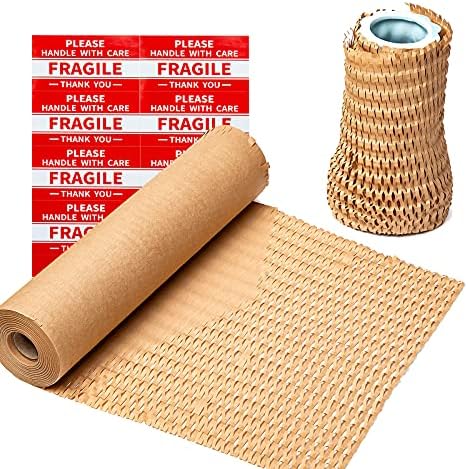 Wowxyz Honeycomb Packing Paper Wrap 12"x105' Recycled Cushion Wrapping Roll Eco Friendly Shipping Moving Green Wrap with 10 Fragile Sticker Labels - Protective Kraft Packaging Suppliers Brown