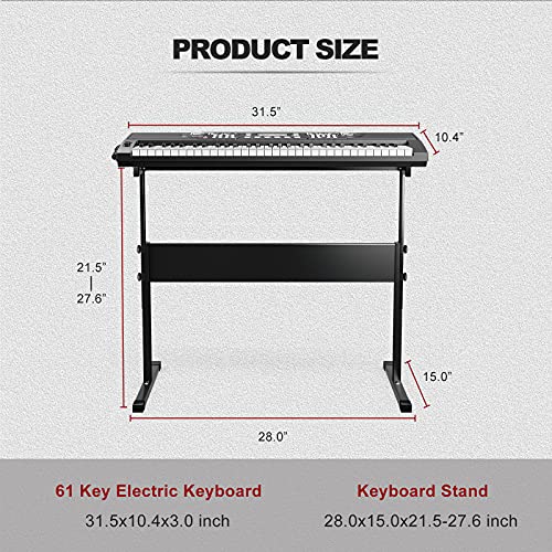UMOMO UMK-811 Electric Piano Keyboard with Stand, 61 key Music Keyboard Piano, Portable Electronic Musical Piano with Microphone, Power Supply, Music Stand for Beginner, Kid and Adult, Black