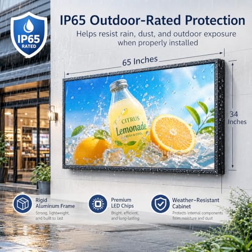 Image of CX 65 x 34 Inch P5 Outdoor LED Sign, 320 x 160 Full-Color RGB Message Board with WiFi, Mobile App and USB Control, IP65 Display for Scrolling Text, Images and Video