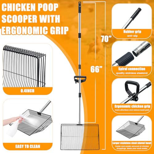 Image of 15inch Heavy-Duty Chicken Poop Scooper with Ergonomic Grip, Chicken Coop Scoop with Adjustable Stainless Steel Handle (24-70 inch), 4-in-1 Litter Sifting Shovel for Chicken Coop Accessories
