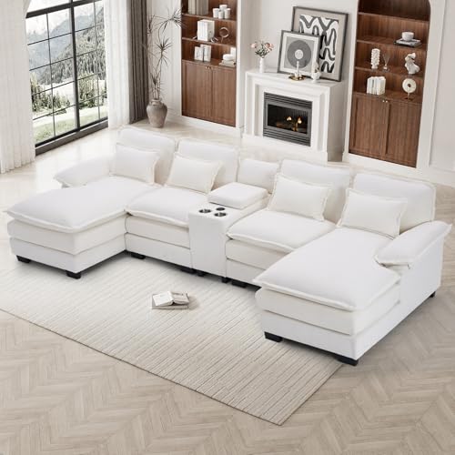 OUYESSIR U Shaped Cloud Sectional Couch, 133 Fluffy Modular Sofa Set with Double Chaise Lounge Central Console & USB Port, Comfy Chenille Big Sectional Couches for Living Room, White