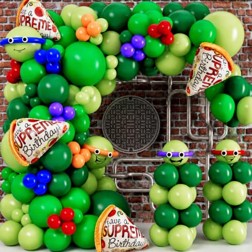 ALL-IN-1 Cartoon Turtle Balloon Arch Kit with BONUS Headbands & PIzza Foil Balloons for Birthday Party Decorations
