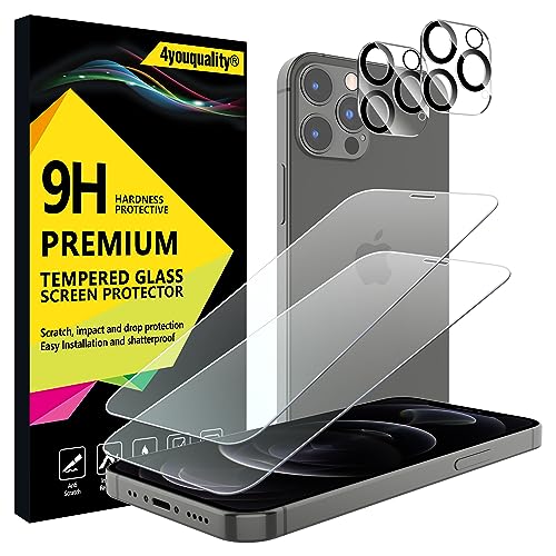 4youquality [4-in-1 Screen Protector for iPhone 12 Pro with Camera Lens Protector Tempered Glass Film 2-Pack Each [LifetimeSupport][Impact-Resistant][Anti-Scratch][Ultra-Transparent]