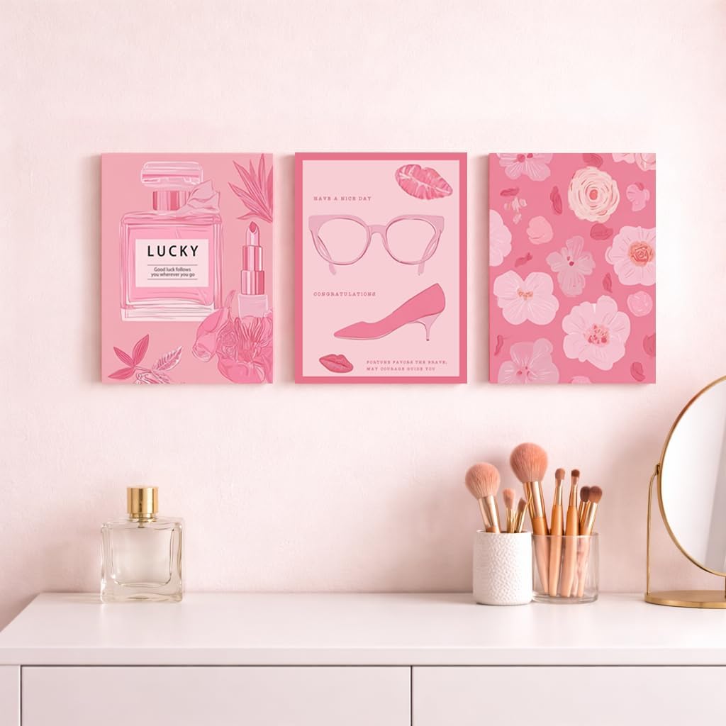 Pink Inspirational Canvas Wall Art Set of 3, 12x16 Inch Feminine Fashion Wall Decor, Good Things Are Coming Quote Artwork, Aesthetic Pink Flower Canvas Prints for Bedroom, Girls Room, Dressing Room Decor (Lucky Pink)