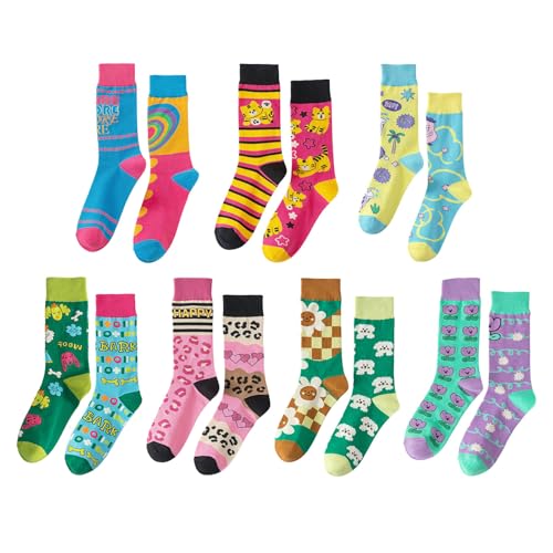 LOWBDGFU Odd Socks Women's Fun Dress Socks Colorful Funky Patterned Cotton Crew Socks 7 Pairs-colours-one Size
