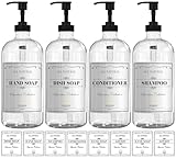 Sunrise Premium 16 OZ Clear Glass Soap Dispenser with Pump, Hand and Dish Soap Dispenser Set for Bathroom with 12 Waterproof Labels, Pack 4