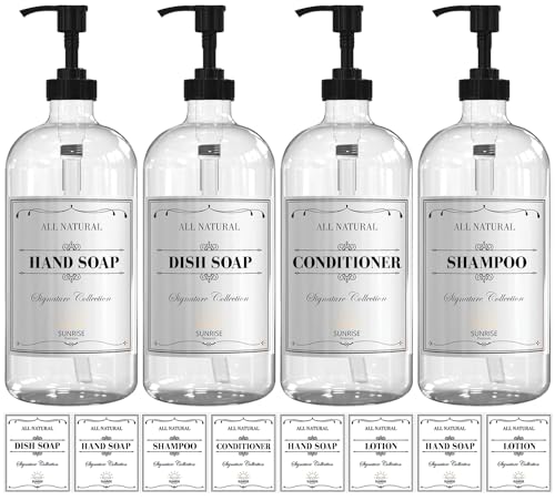 Image of Sunrise Premium 16 OZ Clear Glass Soap Dispenser with Pump, Hand and Dish Soap Dispenser Set for Bathroom with 12 Waterproof Labels, Pack 4