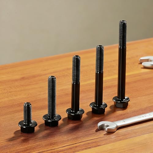 Image of M8 x 35mm Flanged Hex Head Bolts Flange Hexagon Screws, M8x1.25 Bolt, 10.9 Grade Alloy Steel, Hexagon Head Bolts, Black Zinc Finish, Full Thread, Quantity 10