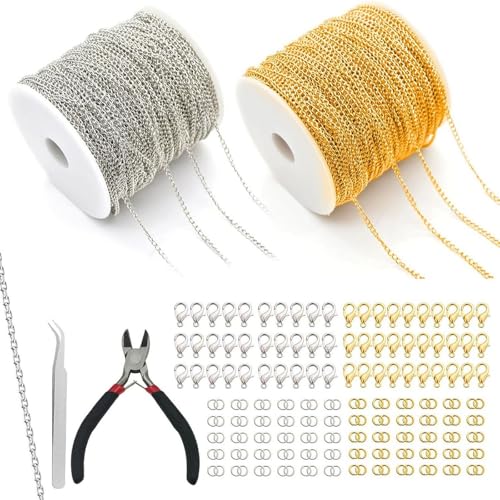 NEUSID 2 Rollen 10m Gliederkette Meterware, Gold Silber Chain 2.4mm Ketten Basteln Schmuckkette mit 60 Karabinerverschluss und 120 Ringen, Kleine Zangen Pinzetten für Schmuck DIY Herstellung