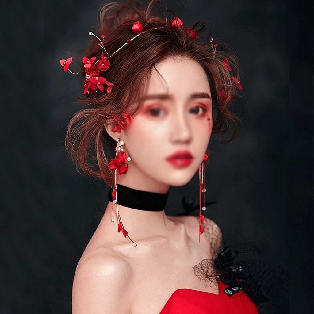 Tiara et Boucles d'oreilles pour Coiffure Mariée Chinoise Ornements