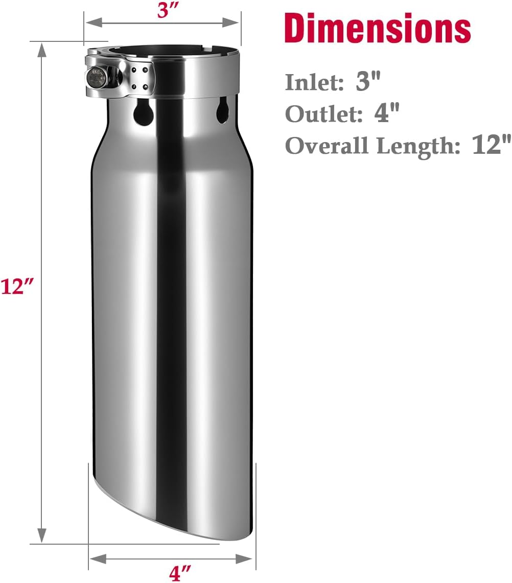 Upower Exhaust Tip 3" Inlet, 3” Inlet 4” Outlet 12” Long Stainless Steel Polished Clamp On Muffler Tip For Truck Tailpipe