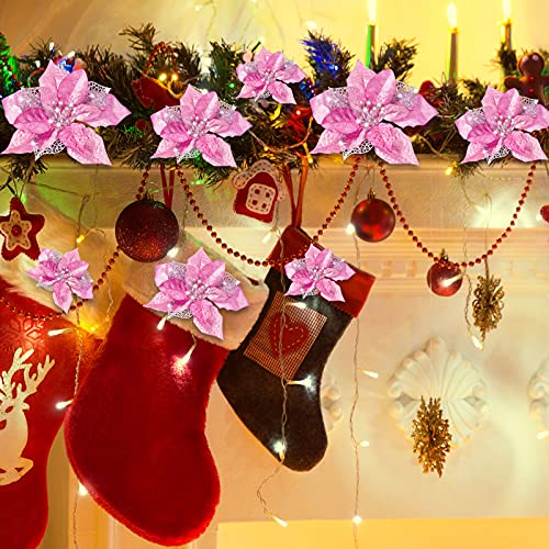 Boao 24 Pieces Christmas Glitter Flowers Poinsettia Artificial Xmas Flowers Wedding Christmas Tree New Year Ornaments (Pink) #TOP5