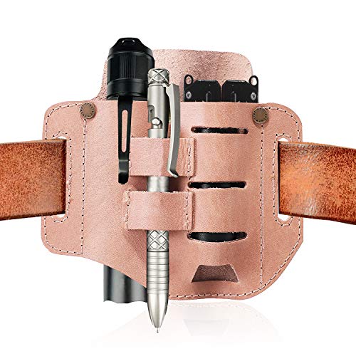 IKEPOD EDC Full Grain Leather Sheath for Belt, Durable Work Pouch Organizer, Handmade Multitools Sheath Holder for Knives/Flashlights/Tactical Pen/Scissors/Mini Tools