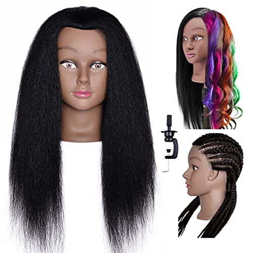 QNQZ Mannequin Head with Real Hair, African American Mannequin Head, Cosmetology Mannequin Head Hair Styling Training Head Salon Students Beauty Schools Mannequin Head and Free Clamp Holder
