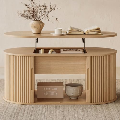 LINSY Lift Top Coffee Table, Oval Fluted Coffee Table with Storage, Boho Wooden Coffee Tables with Sliding Tambour Door, 39' Center Table for Living Room, Office, Small Space, Natural Oak