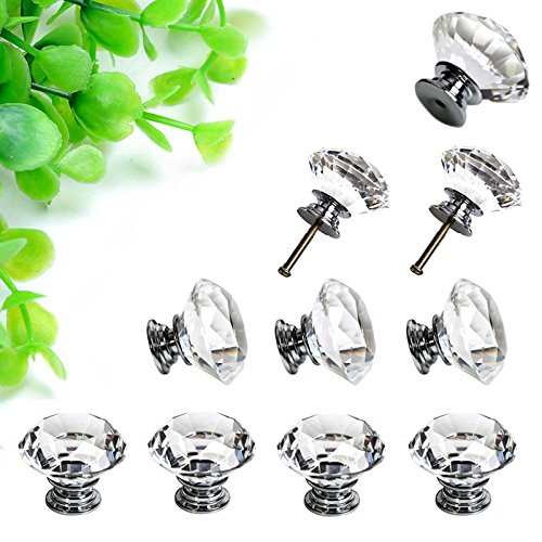 Sumnacon® 10 Pcs 40Mm Clear Crystal Door Knobs - Diamond Wardrobe Doorknob/ Crystal Drawer Knobs / Cabinet Handle Pulls / Cupboard Handle Knobs / Door Pull Handle With Screws With 3 Kinds Screws #TOP1