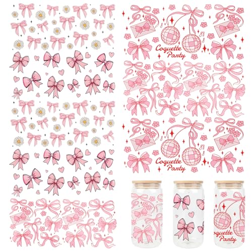 8 Sheets UV DTF Cup Wrap, Pink Bow Transfer Cup Stickers for 16 oz Glass Water Bottle, Glass Cup DTF Transfer Stickers for Girls DIY Craft Decorations