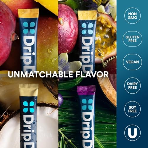 Image of DripDrop Hydration Packets - Tropical Variety Pack - Single Serve Electrolytes Powder Drink Mix - Mango, Acai, Passion Fruit, Pina Colada - Non-GMO, Gluten Free, Vegan - 16 Sticks