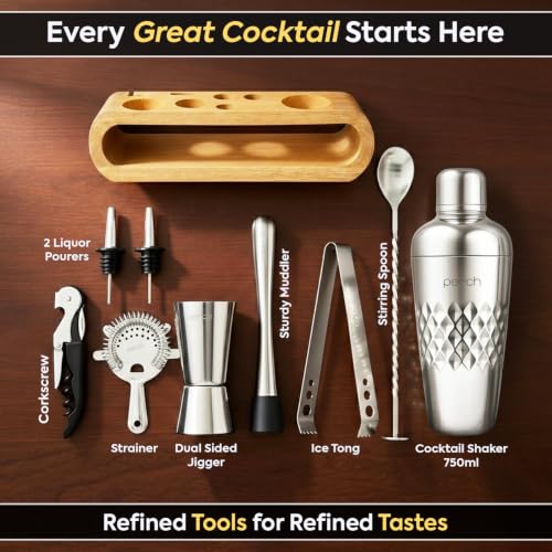 Image of O' Holic by Perch 10-Piece Bartender Kit with Mango Wooden Stand|Cocktail Shaker Gift Set with Jigger, Strainer,Spoon, Muddler, Pourers, Corkscrew & Tongs|Home Bar Accessories for Mixing Drinks|Silver