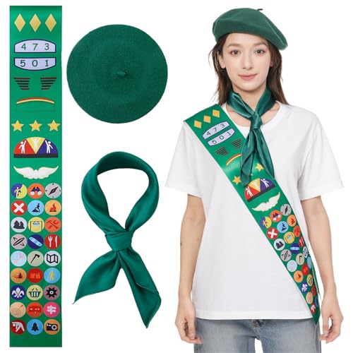 WATCPNO - WATCPNO 3 Pcs Scout Costume Set for Women and Girls Cosplay Uniform with Square Neck Scarf Satin Sash French Beret Hat