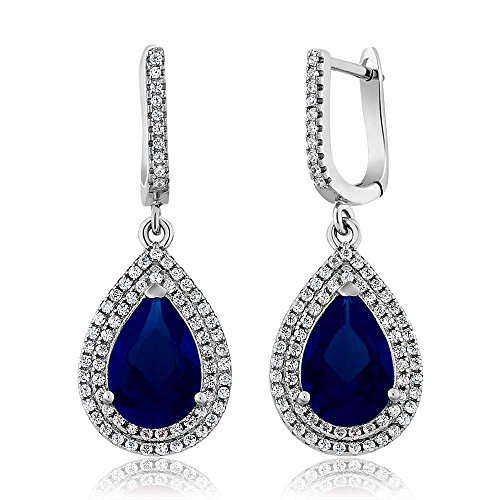 Gem Stone King 925 Sterling Silver Blue Simulated Sapphire Earrings For Women (9.82 Cttw Pear Shape 12X8MM)