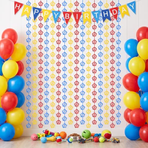 Image of TONIFUL 2Pc Blue Red Yellow Paw Cutouts Metallic Tinsel Foil Fringe Curtain | 3.3ftx6.6ft Photo Booth Backdrop Door Tinsel Streamers, Props for Dog Birthday Baby Shower Puppy Party Decorations