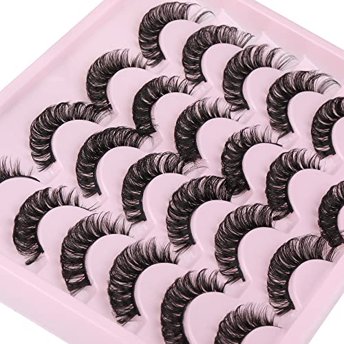 Newcally Natural Eyelashes Russian Strip Lashes Mink D Curl Short Wispy Fake Eye Lashes Pack Cat Eye Thick Fluffy Volume False Eyelashes 12 Pairs Lashes Look Like Extension #TOP6