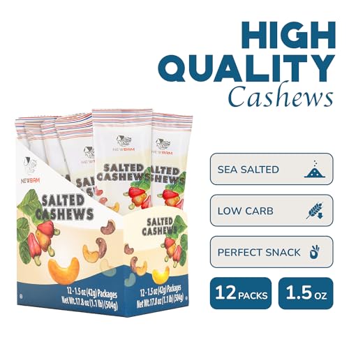 Image of NEWBAM Lightly Salted Cashews - 12 Individual Packs - Vegan, Keto-Friendly | Just two ingredients: cashews & sea salt. Gluten-Free, Zero Sugar. 9g net carbs. From Binh Phuoc, Vietnam.