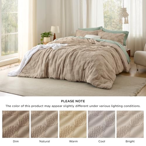 Image of Bedsure Full Size Comforter Set Khaki, Boho Tufted Bed Set, Checkered Farmhouse-Style Distressed Vintage Bedding, 3 Pieces, 1 Plaid Geometric Comforter and 2 Pillow Shams