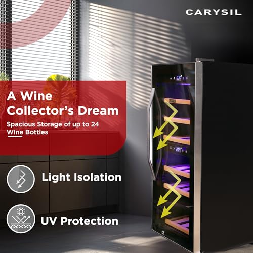 Image of Carysil Wine Chiller, Stores up to 24 Bottles, Free Standing, Dual Cooling Zone (3C-12C White & 12C-20C Red Wine), Adjustable Wooden Shelves, Toughened Glass Door, LED Display, Ideal for Home