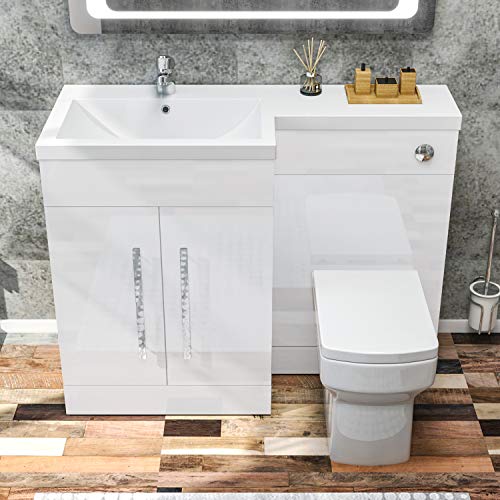 ELEGANT 1100mm L Shape Bathroom Vanity Sink Unit Furniture Storage,Left Hand High Gloss White Vanity unit + Basin + Ceramic Square Toilet with Concealed Cistern
