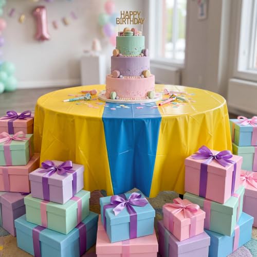 Image of Remagr 12 Pcs Round Plastic Tablecloth 84 Inch Disposable Tablecloth Party Table Cover for Graduation Wedding Birthday Retirement Decoration (Yellow,Blue)