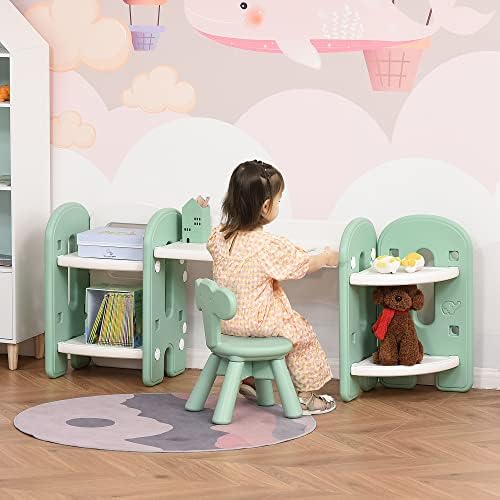 HOMCOM Kids Table and Chair Set Play Table with Storage Children Toddler Playroom Bedroom Furniture PE Green and White for 1-4 years